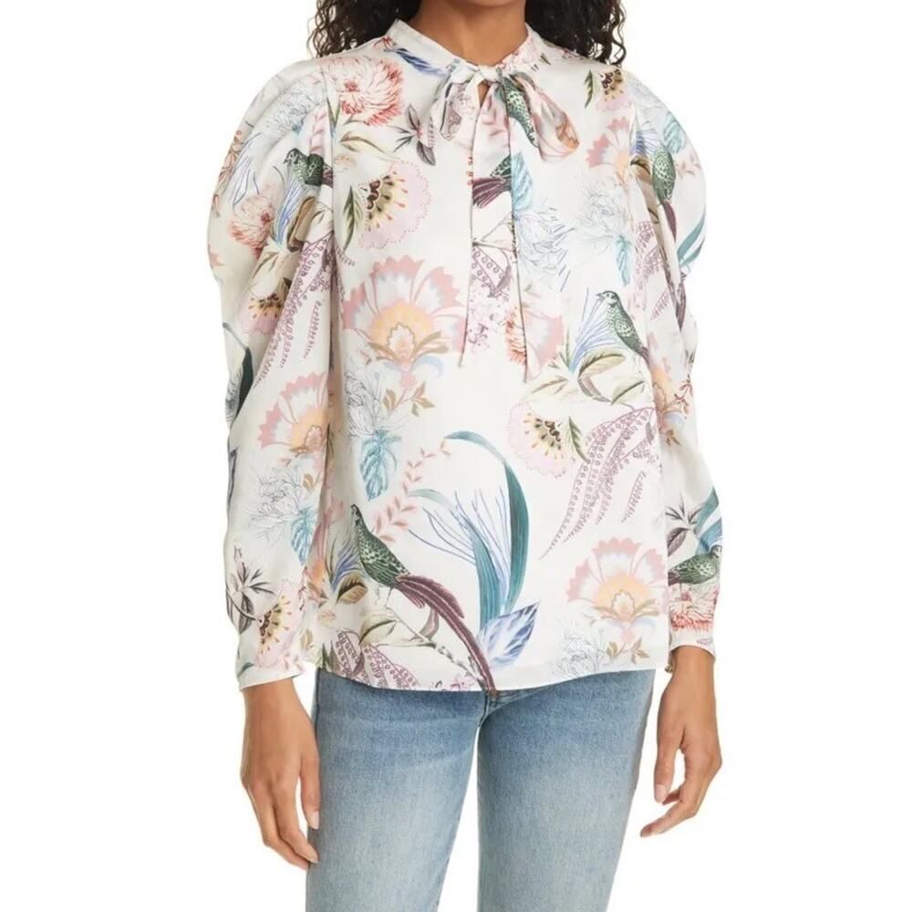 Ted Baker Floral Tie Neck Blouse White Bird Print Size 4 US 8-10